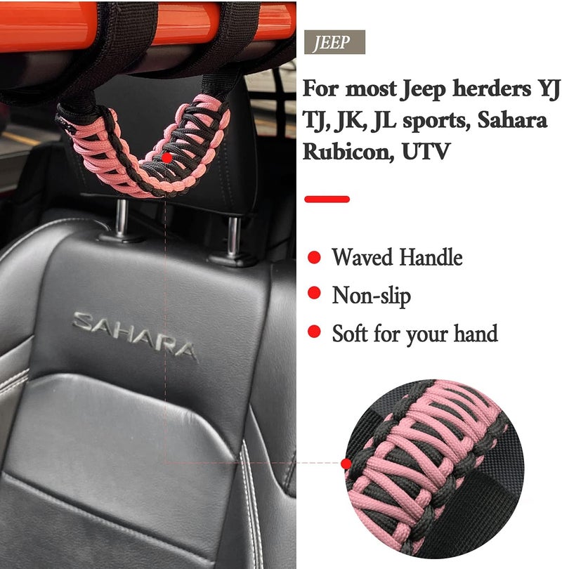 Kujunpao 4 X Roll Bar Grab Handles Grip Handle Compatible with Jeep Wrangler JLU JK JKU TJ YJ LJ JT JL & Gladiator JT 1987-2021 UTV & ATV, Fits 1.5 to 3 Inch Bars 3 Straps Woven Holder(Pink) - Image 2